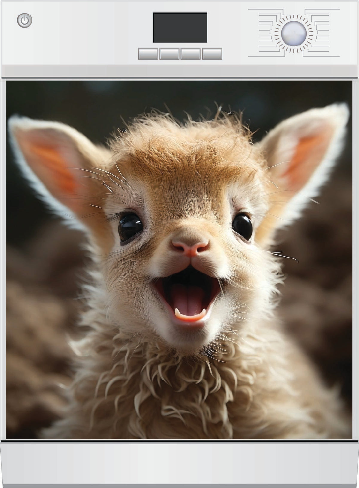 Baby Llama Dishwasher Magnet featuring an adorably fluffy baby llama with caramel fur, oversized ears, and a wide joyful open-mouthed smile against a dark background