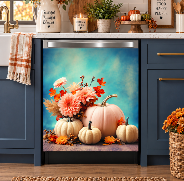 stainless steel dishwasher with a dishwasher magnet featuring a design of pastel pumpkins and pink flowers set on a blue background.