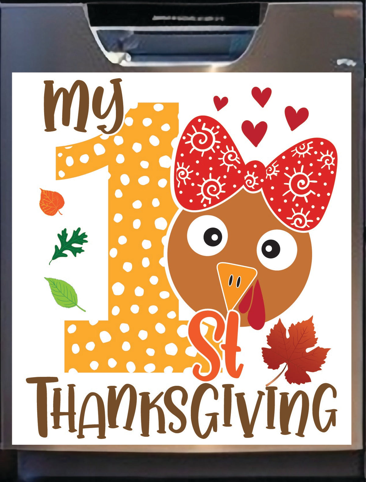 My 1st Thanksgiving Girl Dishwasher Magnet featuring an adorable girl turkey with a red bow, autumn leaves, and hearts in warm fall tones