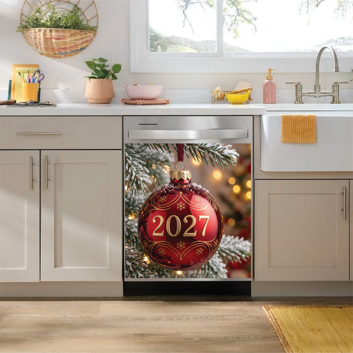 A stainless steel under-counter dishwasher set in a bright, modern kitchen, featuring a dishwasher magnet holiday graphic of a red ornament with gold details and the year '2027' on the door.