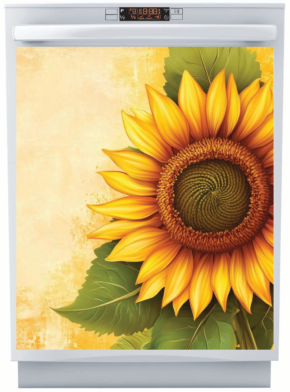 decorative dishwasher magnet featuring a sunflower print. The print features a bright yellow sunflower with green leaves on a textured beige background, framed by a silver metal dishwasher border.