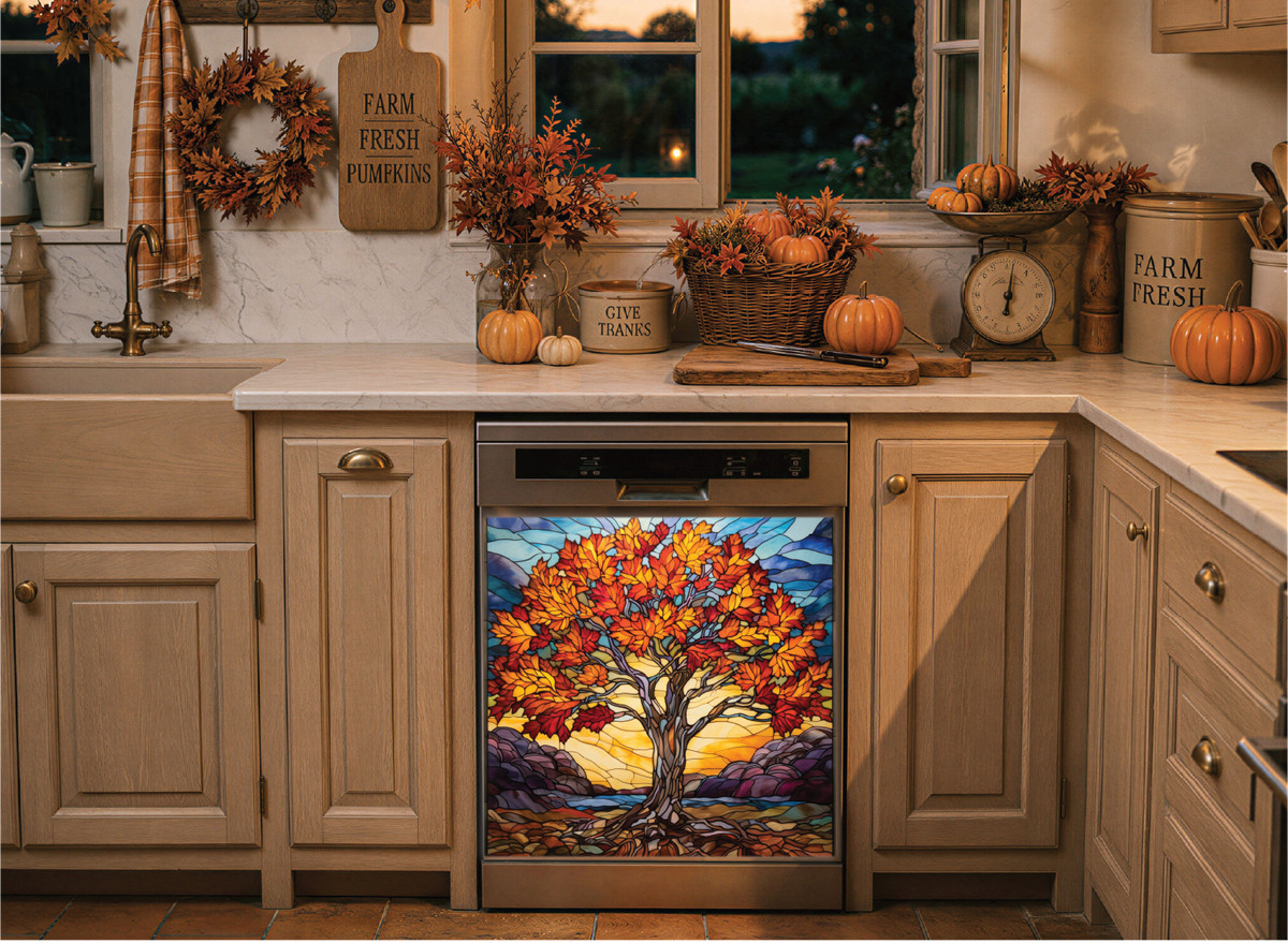 A rustic farmhouse-style kitchen interior with a decorative dishwasher magnet featuring a colorful autumn tree painting. The scene includes fall wreaths, pumpkins, a chalkboard menu, and warm ambient lighting.