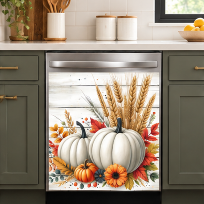 decorative dishwasher magnet  featuring white pumpkins, orange gourds, and wheat on a rustic white wood background.