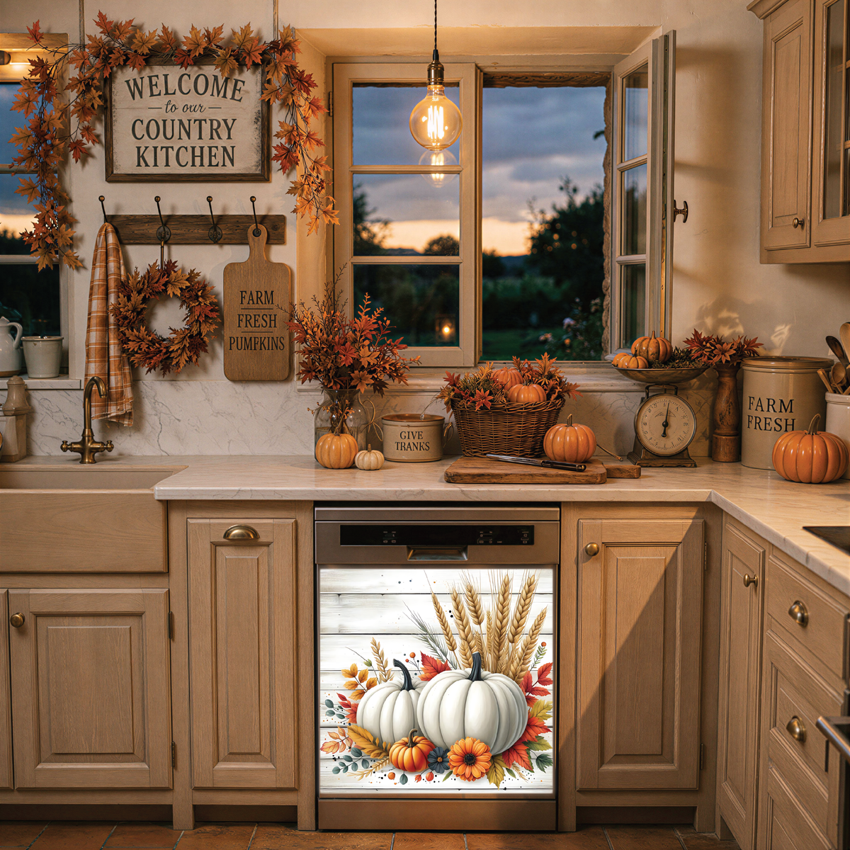 A kitchen scene with autumn decorations, pumpkins, wheat, and a decorative dishwasher magnet  featuring white pumpkins, orange gourds, and wheat on a rustic white wood background.