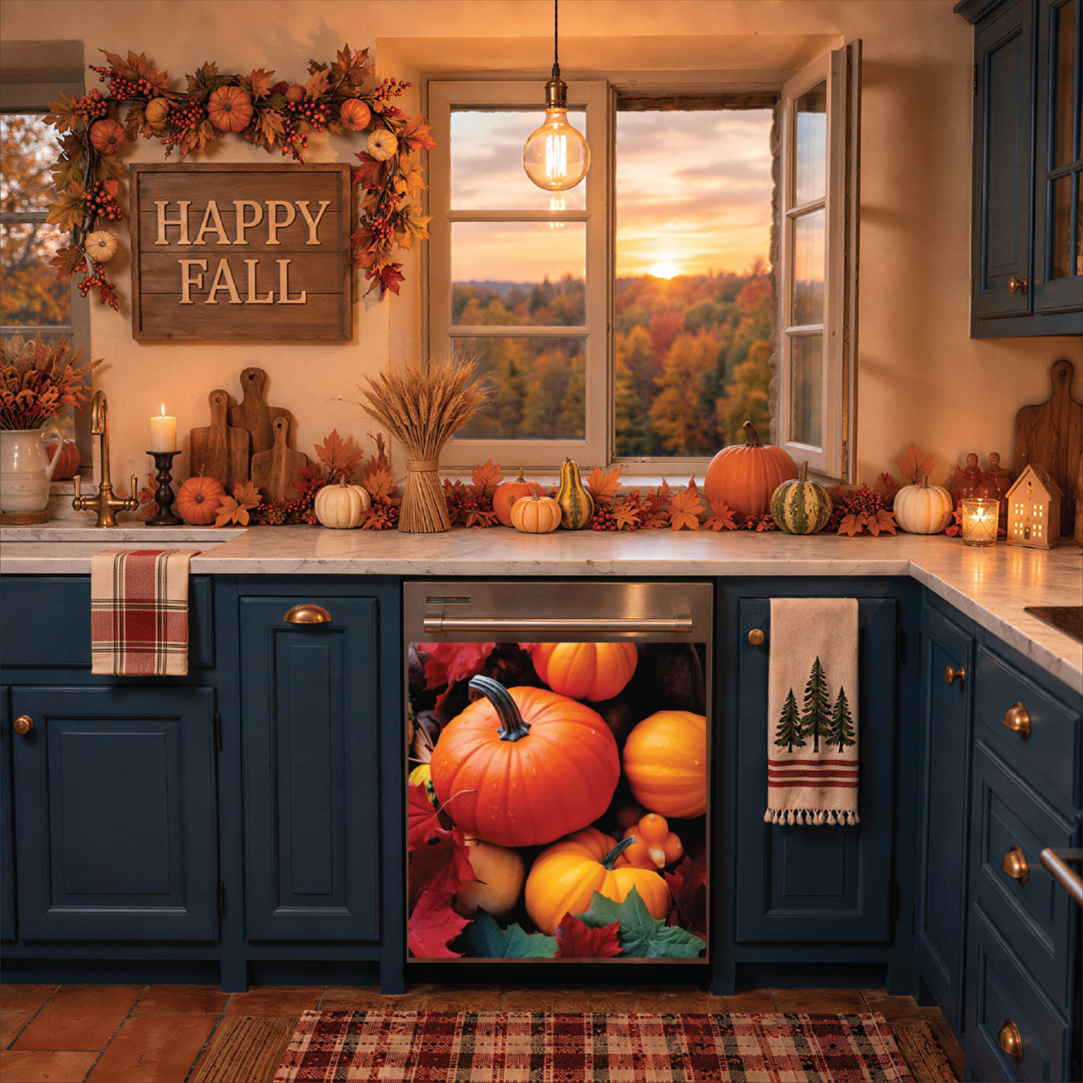 A kitchen scene with dark blue cabinets, fall decorations, pumpkins, and a large autumn-themed dishwasher magnet print on the front of an undercounter appliance. A window shows a sunset over trees, and a wooden sign reading “HAPPY FALL” hangs above the counter.