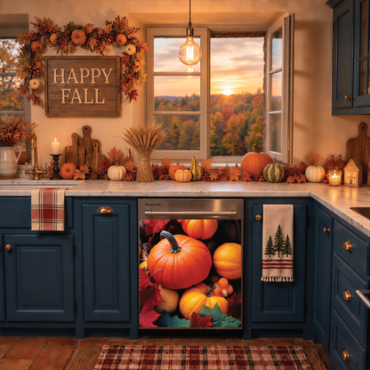 A kitchen scene with dark blue cabinets, fall decorations, pumpkins, and a large autumn-themed dishwasher magnet print on the front of an undercounter appliance. A window shows a sunset over trees, and a wooden sign reading “HAPPY FALL” hangs above the counter.