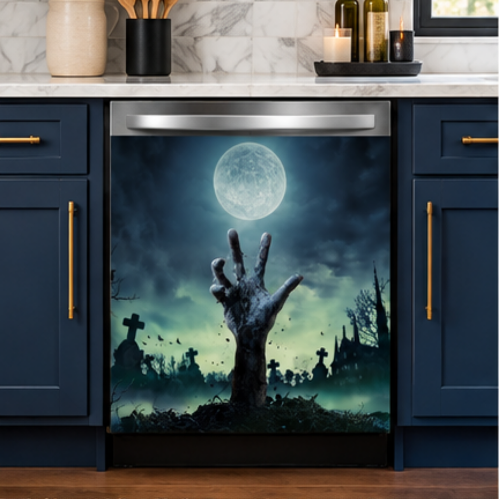 Zombie Hand Rising dishwasher magnet with a reaching zombie hand, glowing full moon, graveyard silhouettes, crosses, bats, and a blue-green night sky