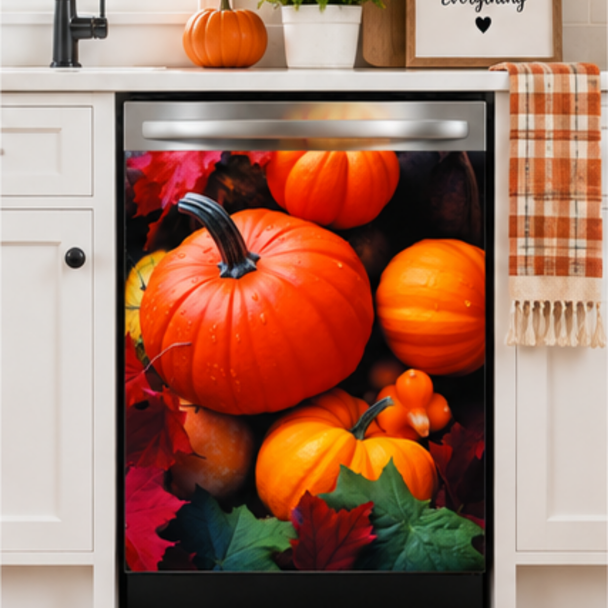 A dishwasher covered in a dishwasher magnet printed autumn harvest design featuring large orange pumpkins, smaller gourds, red and green leaves, and dark shadows, shown in a white kitchen setting.