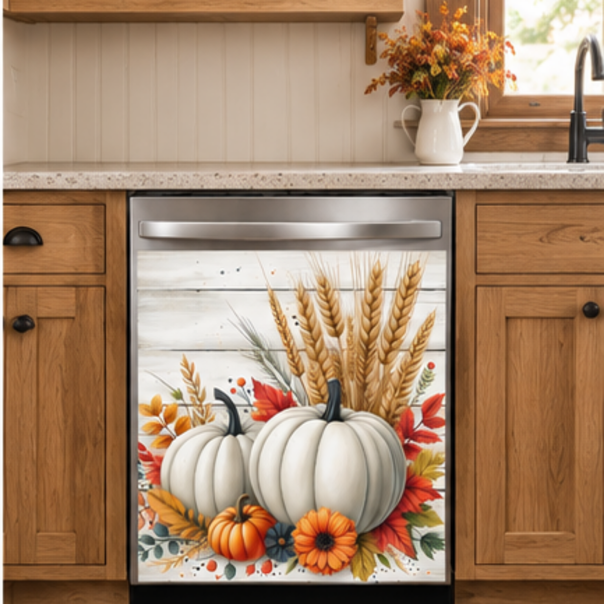 decorative dishwasher magnet  featuring white pumpkins, orange gourds, and wheat on a rustic white wood background.