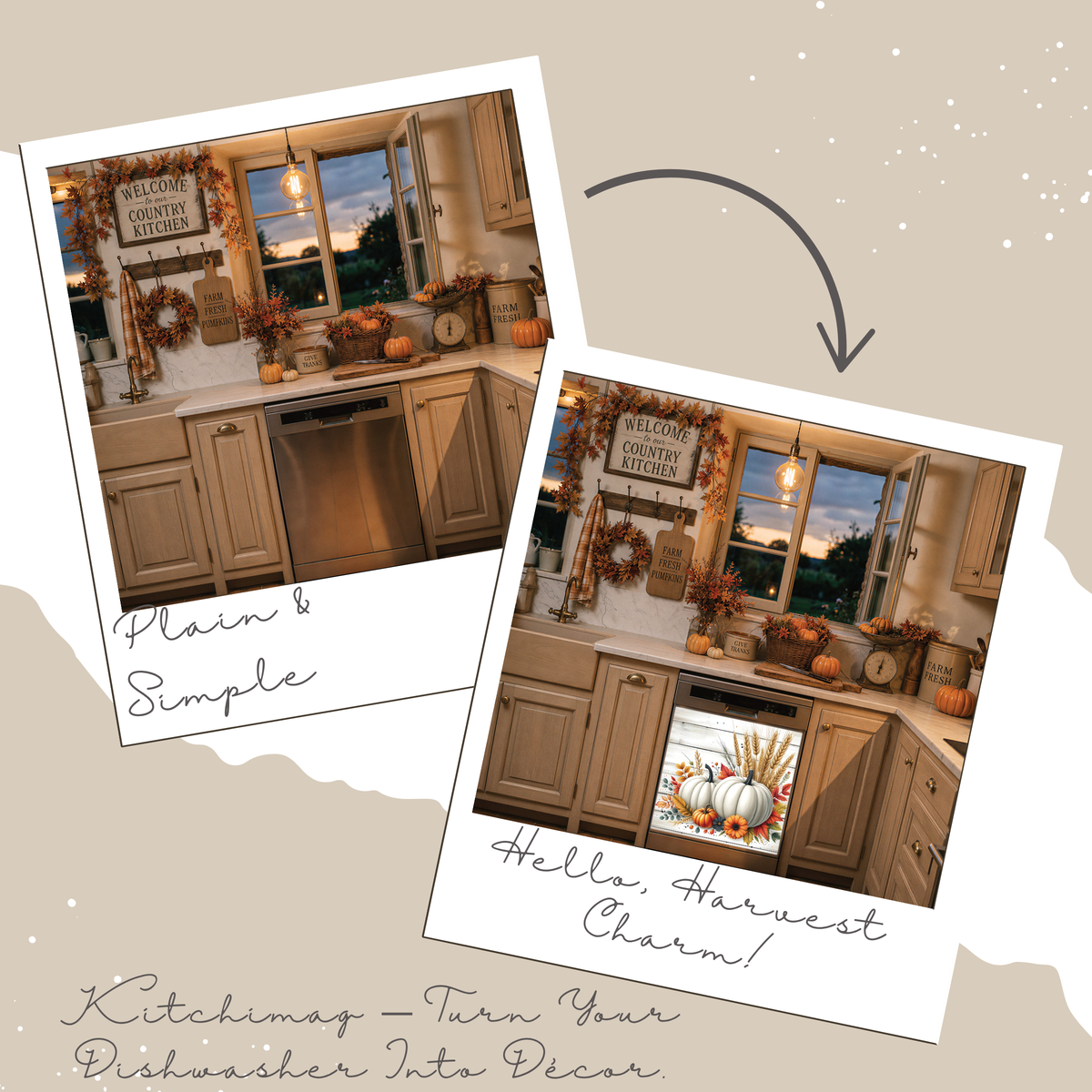 A promotional collage showing two kitchen scenes with fall decor and a dishwasher, plus text reading 'Plain & Simple' and 'Hello, Harvest Charm!' and 'Kitchimag - Turn Your Dishwasher Into Decor.' This is not a clean product shot and not a measurement chart, color swatch, or instruction diagram.