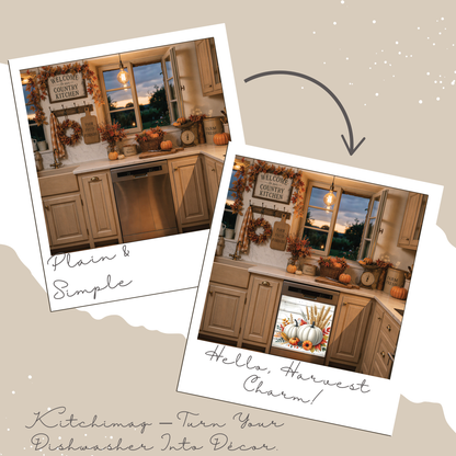 A promotional collage showing two kitchen scenes with fall decor and a dishwasher, plus text reading 'Plain & Simple' and 'Hello, Harvest Charm!' and 'Kitchimag - Turn Your Dishwasher Into Decor.' This is not a clean product shot and not a measurement chart, color swatch, or instruction diagram.