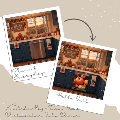 A promotional collage showing two kitchen scenes with dark blue cabinets, fall decorations, and a dishwasher area highlighted. One photo is labeled 'Plain & Everyday' and the other 'Hello Fall,' with an arrow between them.