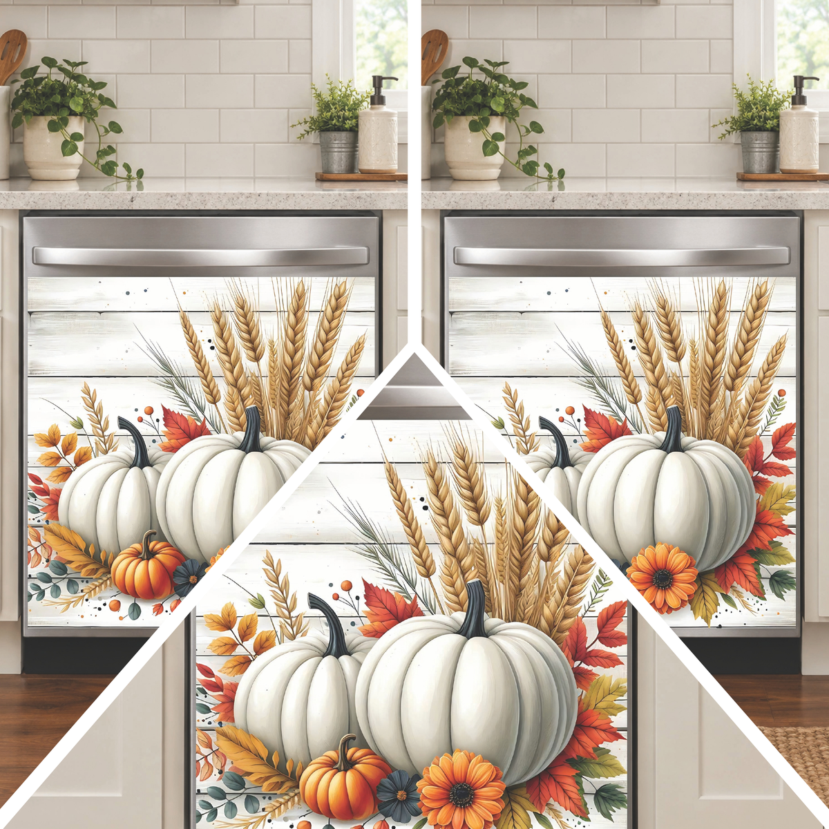 A kitchen scene with a stainless steel dishwasher covered in a decorative dishwasher magnet autumn print featuring large white pumpkins, orange pumpkins, wheat stalks, fall leaves, and birds. 