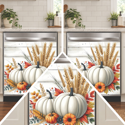 A kitchen scene with a stainless steel dishwasher covered in a decorative dishwasher magnet autumn print featuring large white pumpkins, orange pumpkins, wheat stalks, fall leaves, and birds. 