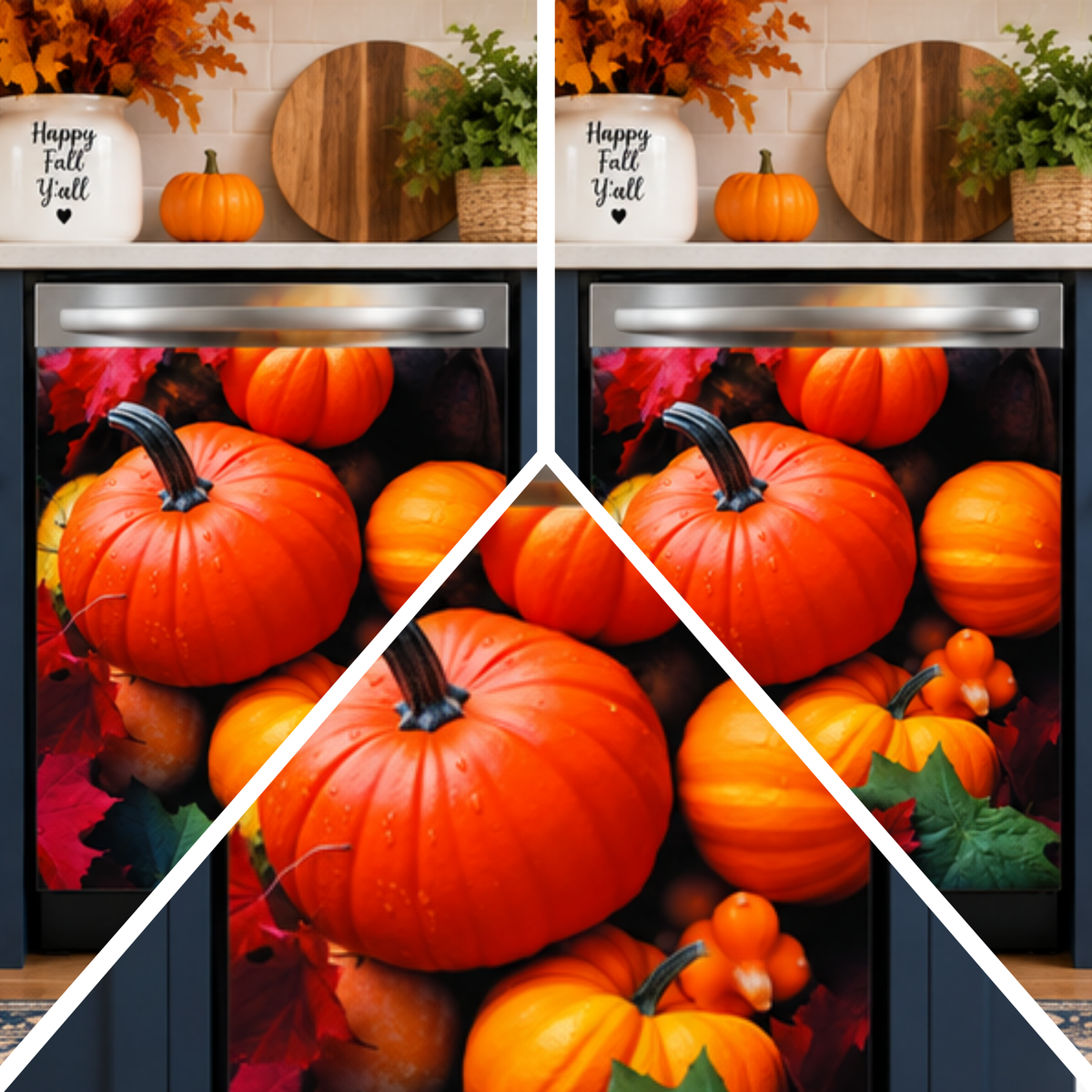 A split-screen comparison of a dishwasher door featuring a printed autumn pumpkin collage design, shown next to a matching kitchen tabletop decor setup with pumpkins, a ceramic sign reading 'Happy Fall Fall,' and fall foliage.
