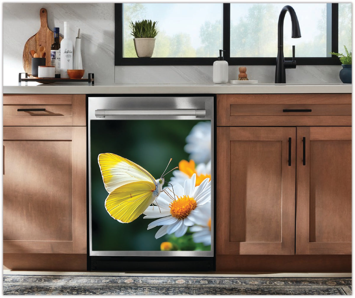 Beautiful Yellow Butterfly Dishwasher Magnet featuring a luminous yellow butterfly perched on a white daisy with vivid orange center against a soft green garden backdrop, displayed on a stainless steel dishwasher in a warm wood kitchen