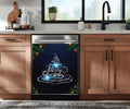 A stainless steel dishwasher in a kitchen setting, featuring a dark blue Christmas-themed dishwasher magnet with 'Merry Christmas and a Happy New Year' text, pine branches, and ornaments.