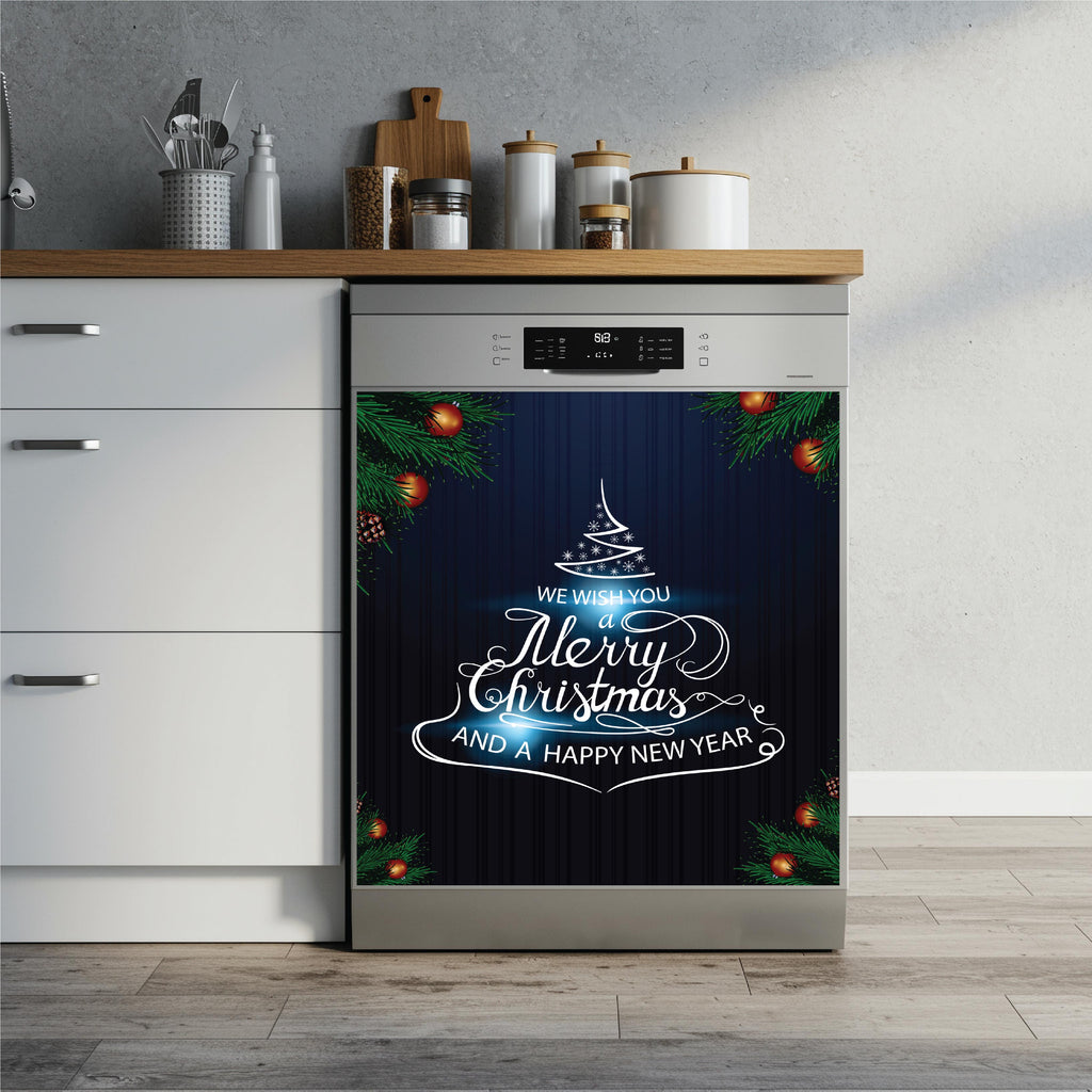 A stainless steel dishwasher in a kitchen setting, featuring a dark blue Christmas-themed dishwasher magnet with 'Merry Christmas and a Happy New Year' text, pine branches, and ornaments.