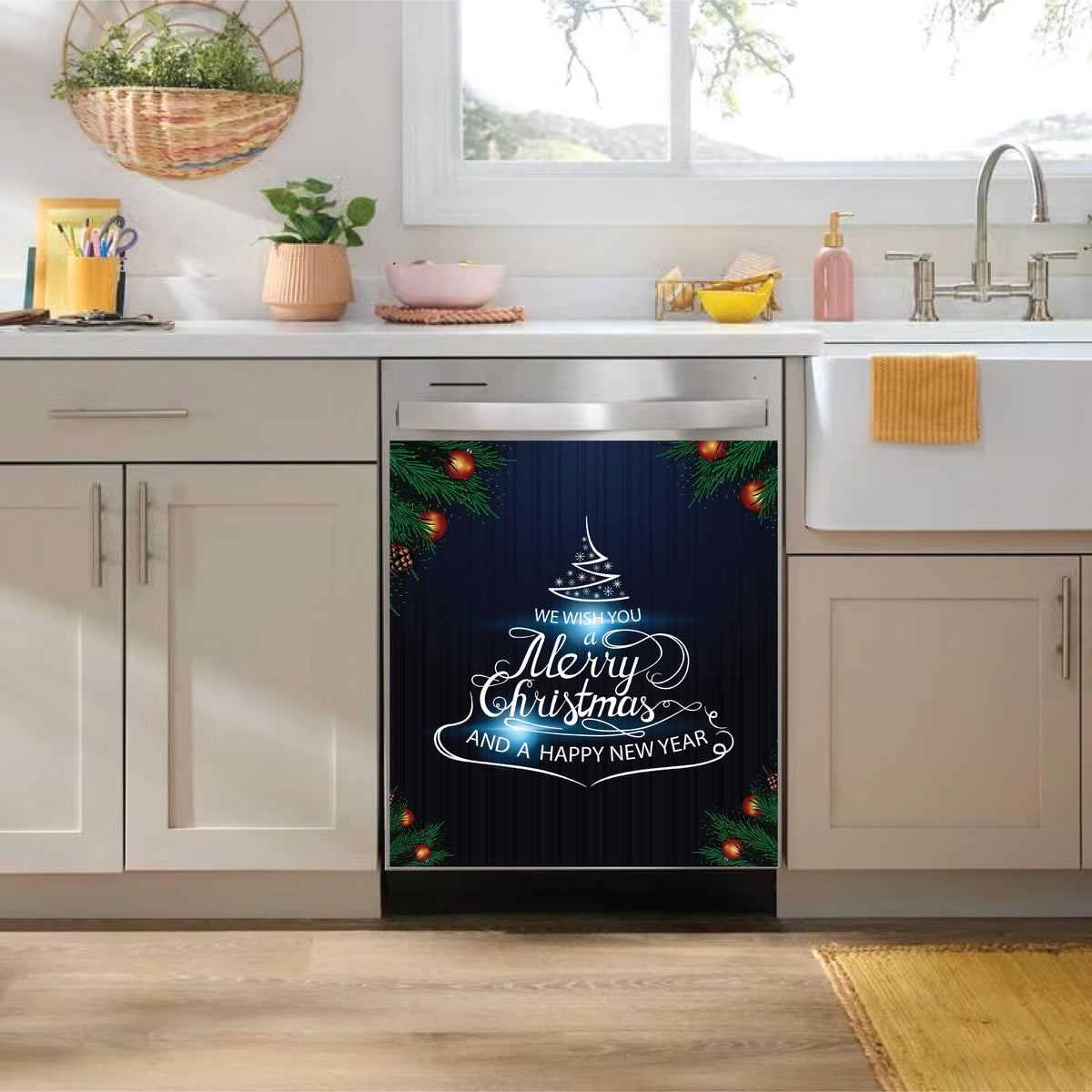 A stainless steel dishwasher in a kitchen setting, featuring a dark blue Christmas-themed dishwasher magnet with 'Merry Christmas and a Happy New Year' text, pine branches, and ornaments.