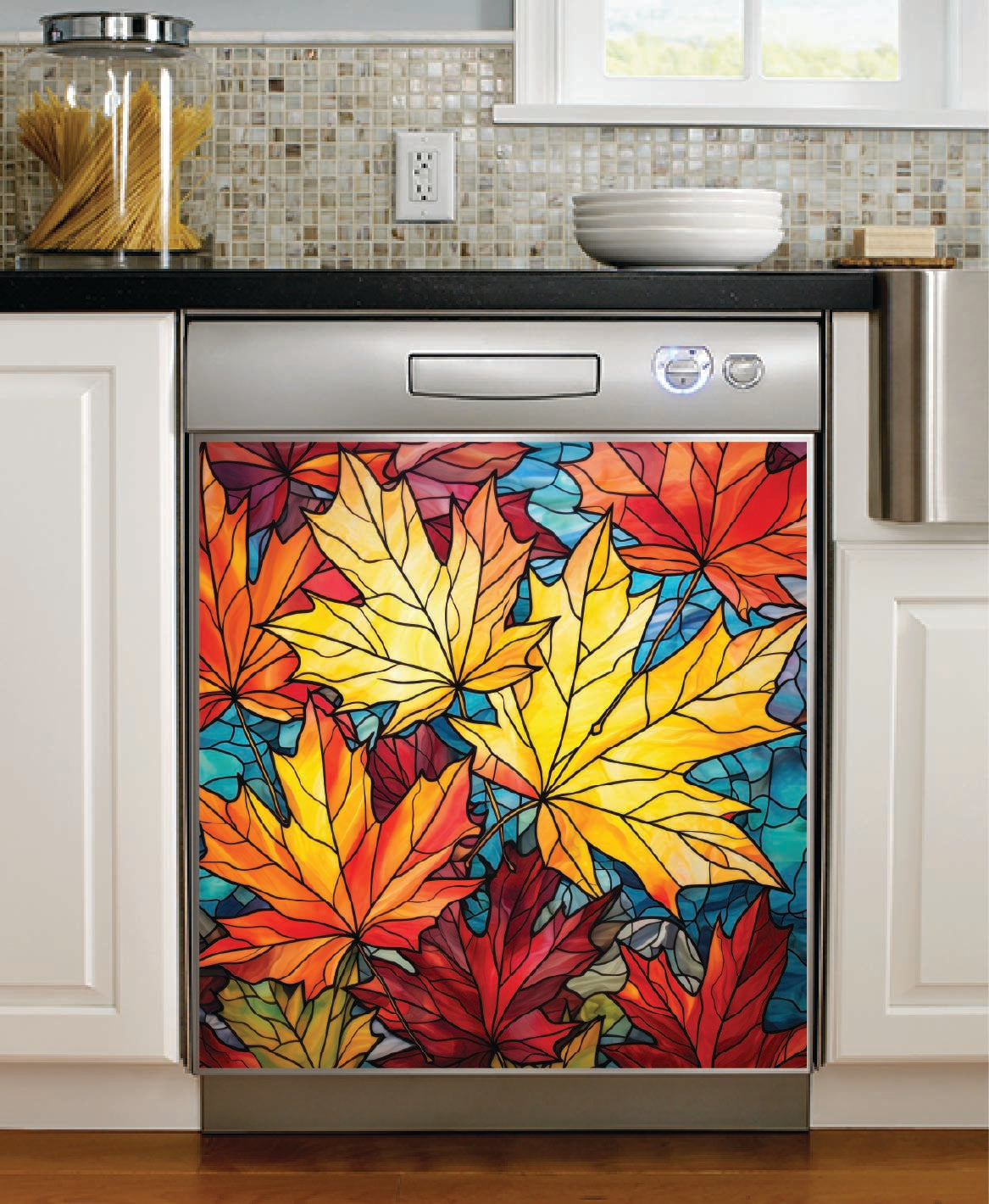 Decorative Dishwasher Magnet with colorful leaf design decal in a kitchen setting