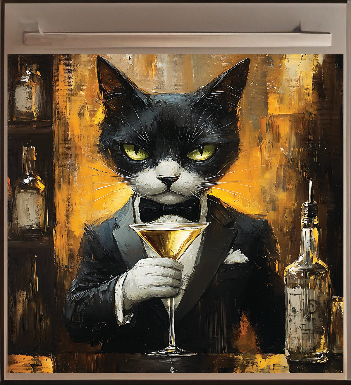 Decorative Dishwasher Magnet with a painting of a black cat in a suit holding a martini glass.
