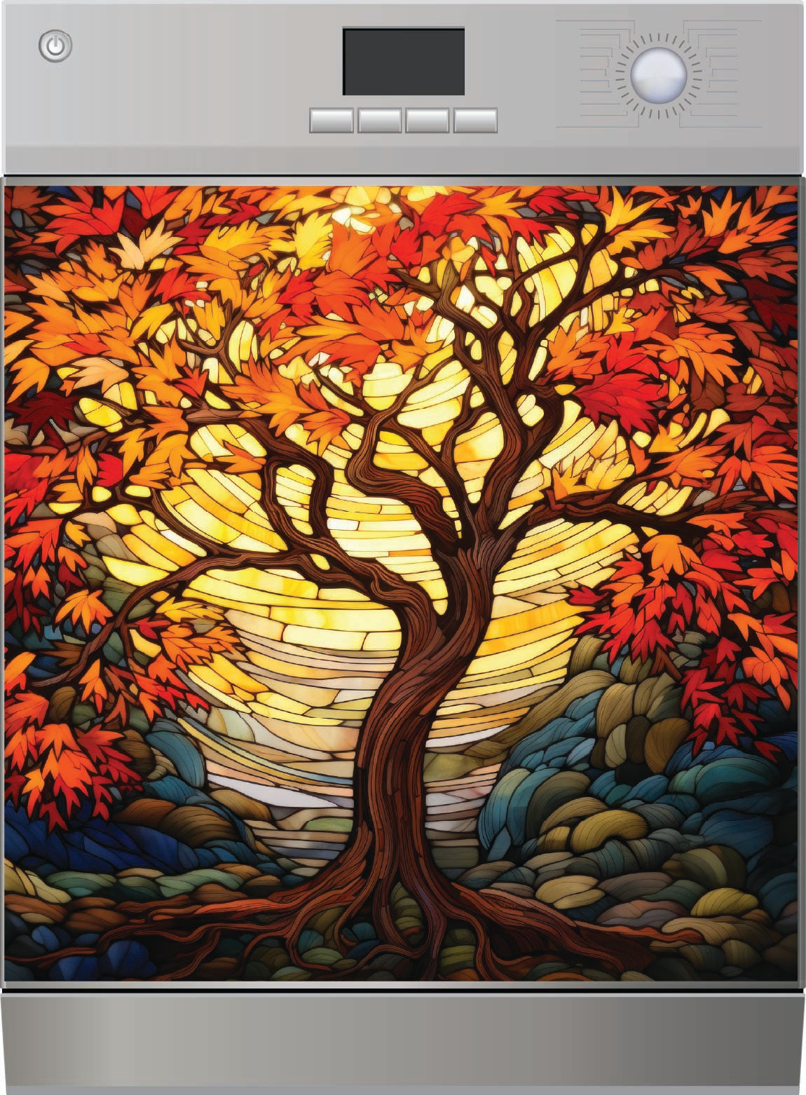 Decorative Dishwasher Magnet with a colorful tree design.