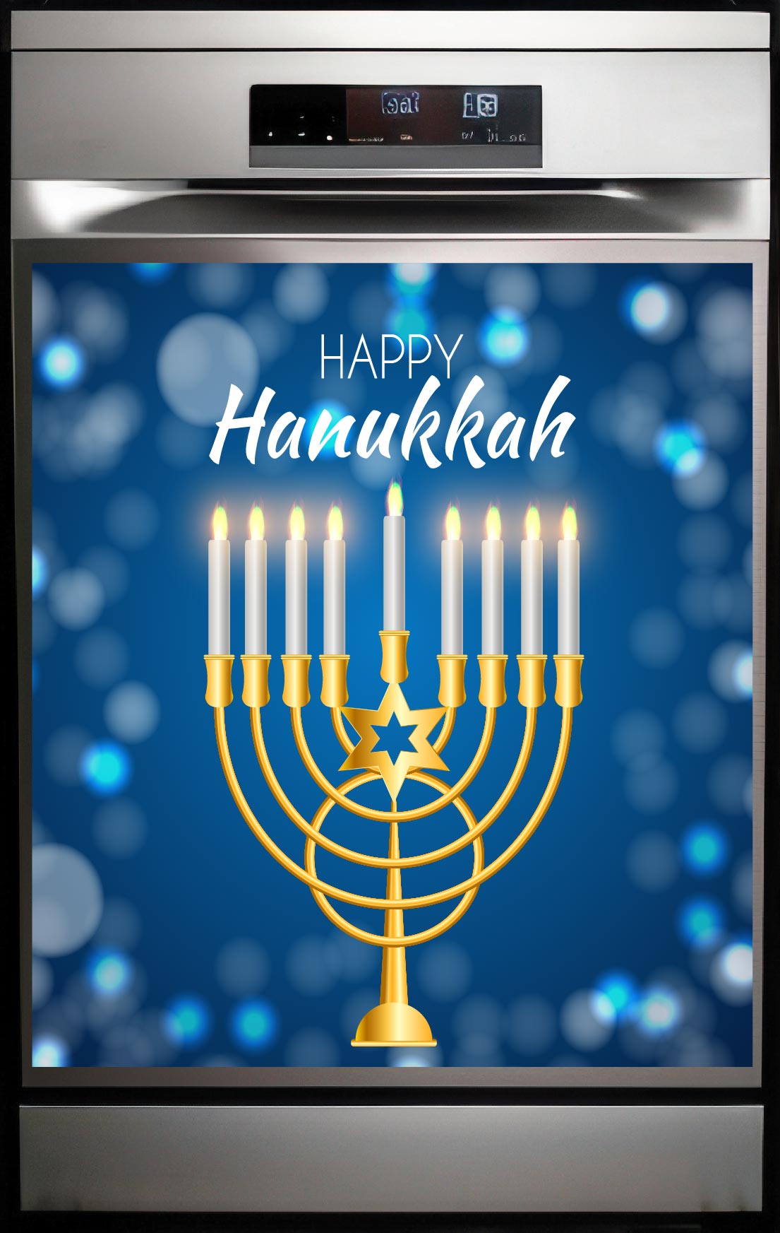 Happy Hanukkah Menorah Dishwasher Magnet - glowing golden menorah with nine lit candles and Star of David on a rich blue bokeh background with Happy Hanukkah script