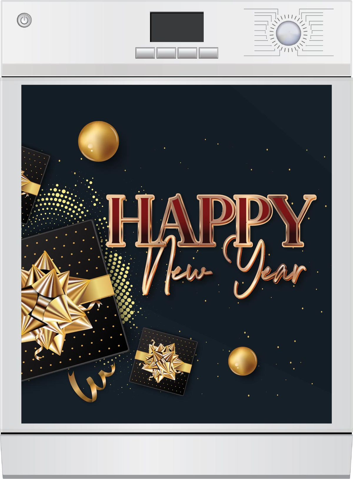 Happy New Year Gift Dishwasher Magnet - rose gold Happy New Year text with black and gold gift boxes on a navy background