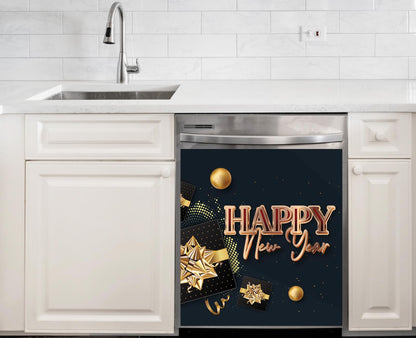 Happy New Year Gift Dishwasher Magnet - rose gold Happy New Year text with black and gold gift boxes on a navy background
