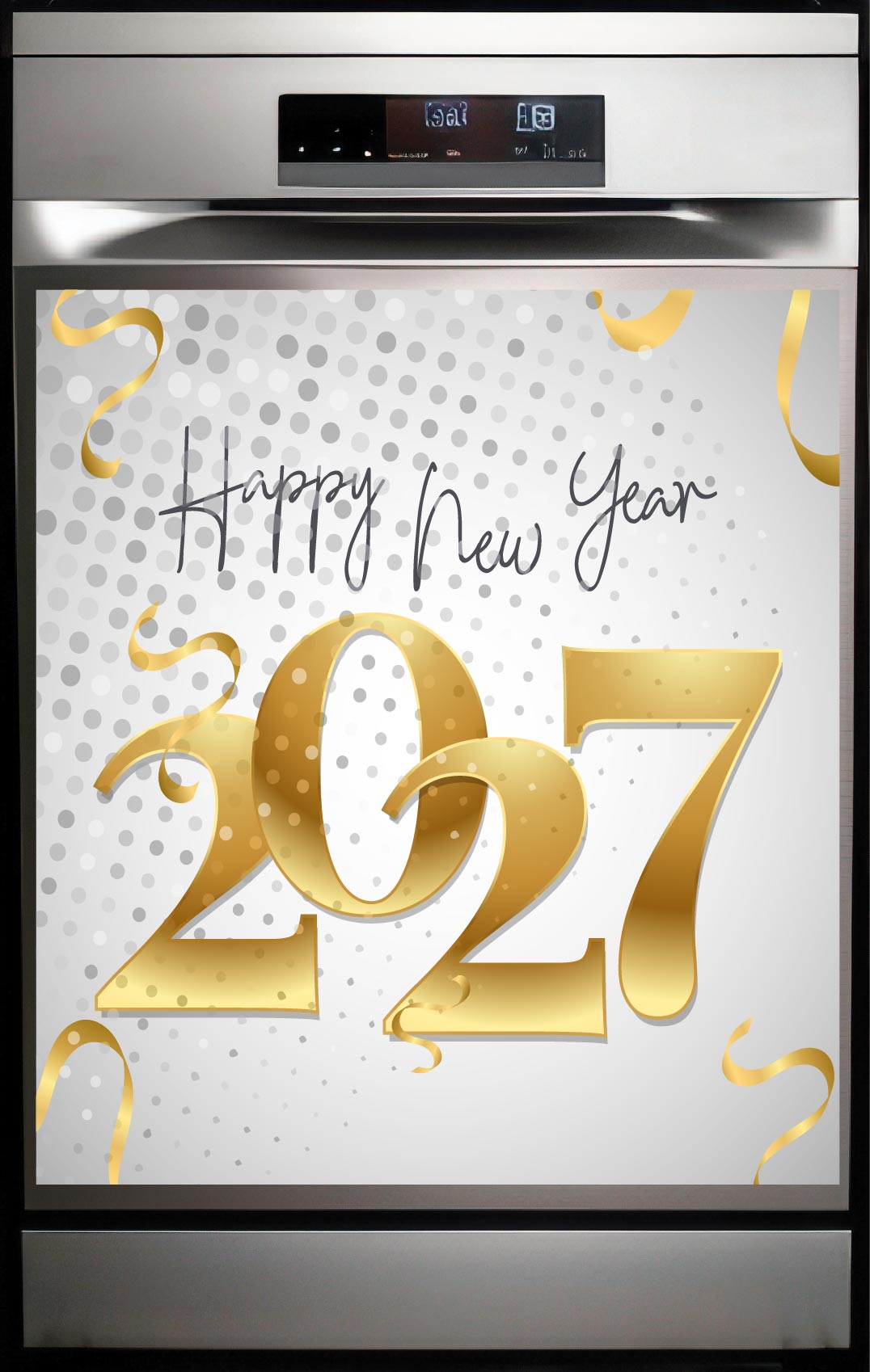 Happy New Year 2027 Dishwasher Magnet - elegant gold 2027 numerals and Happy New Year script with swirling gold ribbon confetti on a shimmering silver and white background