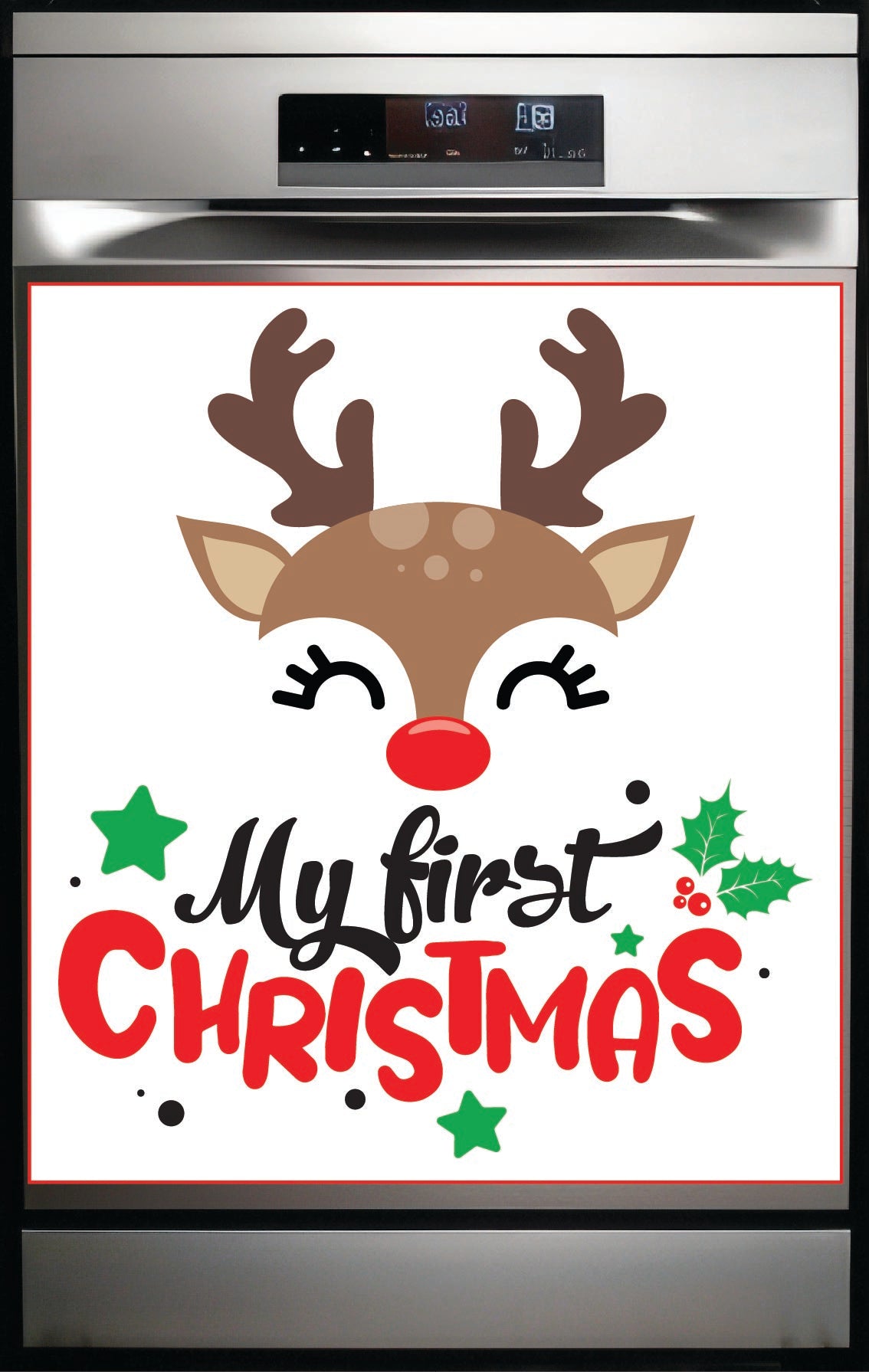 My 1st Christmas Dishwasher Magnet featuring Rudolph with red nose, festive stars, holly, and bold holiday typography