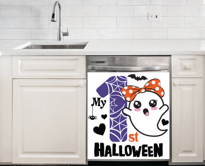 My 1st Halloween Girl Ghost Dishwasher Magnet featuring an adorable girl ghost with a polka-dot bow, bats, hearts, and spiderwebs on a white background