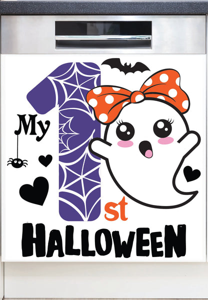 Decorative dishwasher magnet with a  Halloween-themed graphic decal  design reading 'My 1st HALLOWEEN' with a stylized purple spiderweb number 1, a white cartoon ghost wearing an orange polka-dot bow, black hearts, bats, and spiders on a white background.