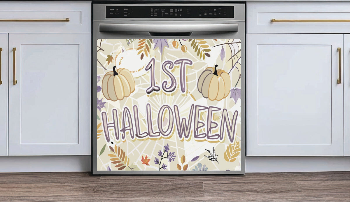My 1st Halloween Harvest Dishwasher Magnet featuring neutral pumpkins, a sweet ghost, autumn leaves, and spiderwebs in soft boho tones