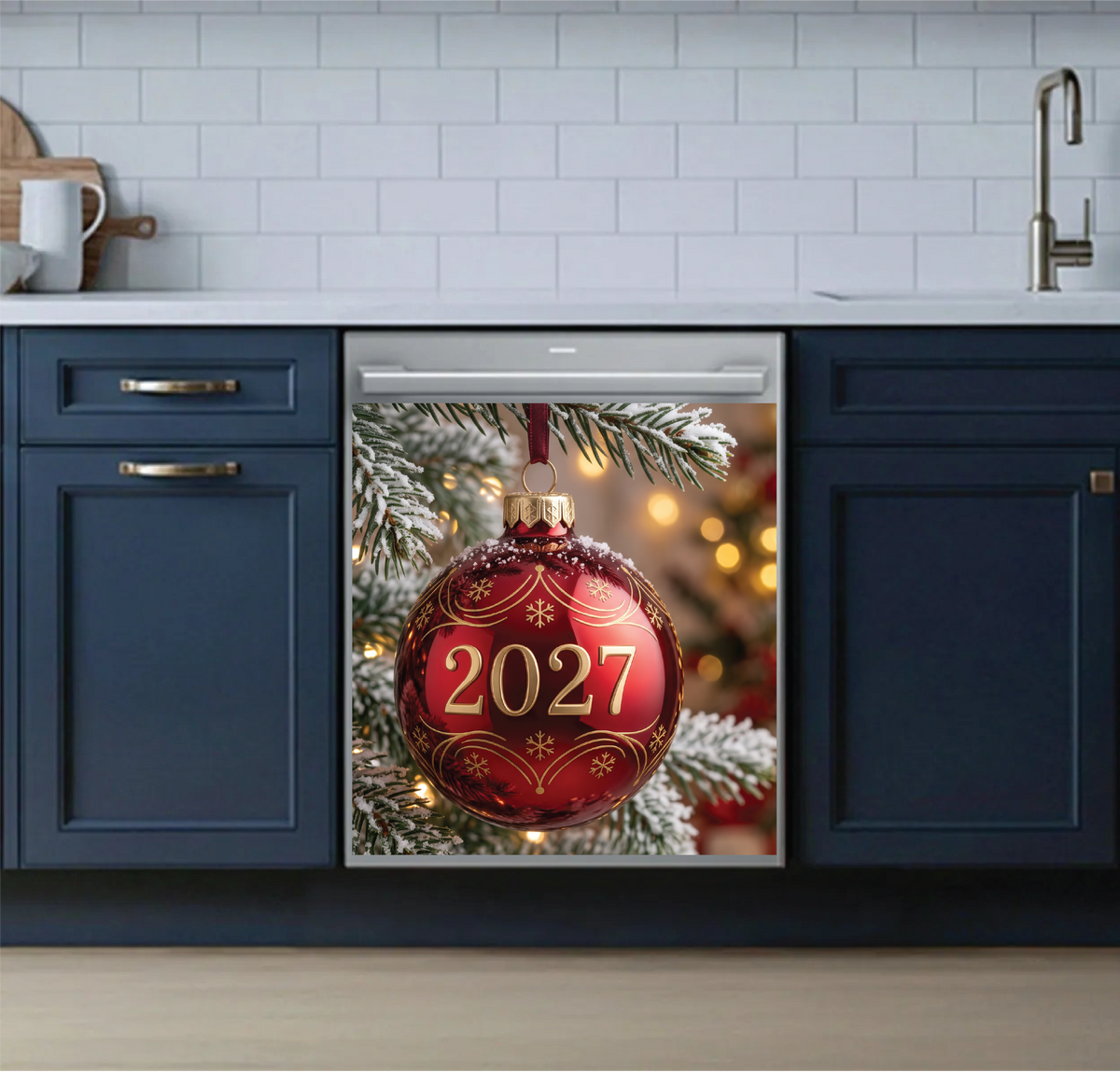 A stainless steel undercounter dishwasher set in a modern kitchen, displaying a festive Christmas ornament dishwasher magnet on its door. The dishwasher magnet features a red and gold ornament with the year '2027' hanging from a snowy pine branch with warm bokeh lights in the background.