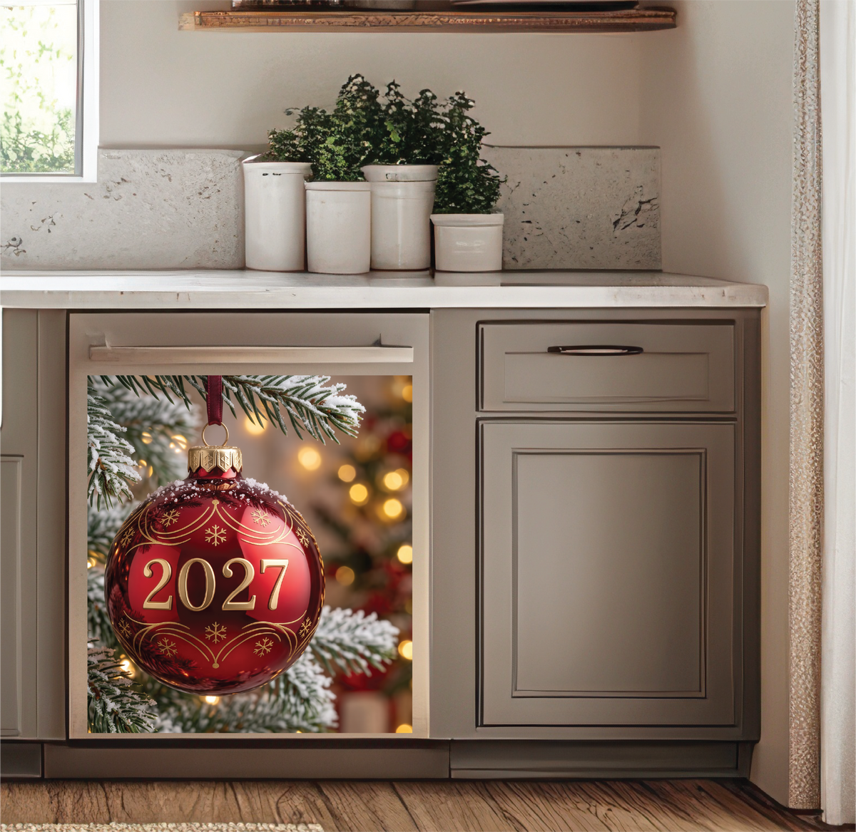 Custom printed holiday dishwasher magnet of a red 2027 Christmas ornament hanging on a tree, shown in a styled kitchen setting.