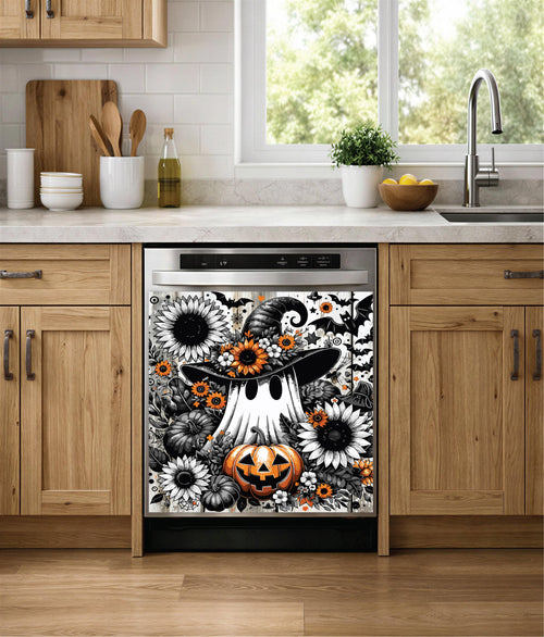A Halloween-themed decorative dishwasher magnet to a built-in dishwasher in a modern kitchen. The design features a white ghost wearing a black witch hat, surrounded by black and white daisies, orange sunflowers, pumpkins, and a carved jack-o'-lantern pumpkin.