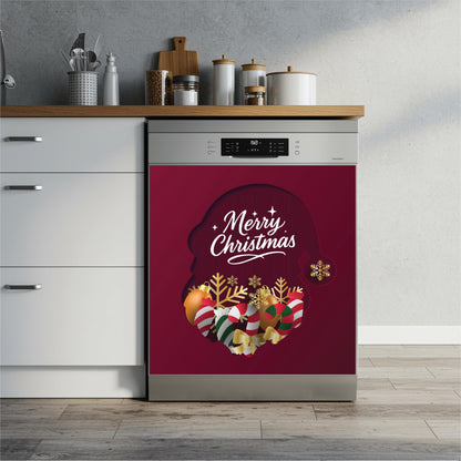A stainless steel dishwasher installed in a kitchen, featuring a festive holiday  dishwasher magnet with a burgundy background, white 'Merry Christmas' script, and colorful Christmas ornaments and gold snowflakes.