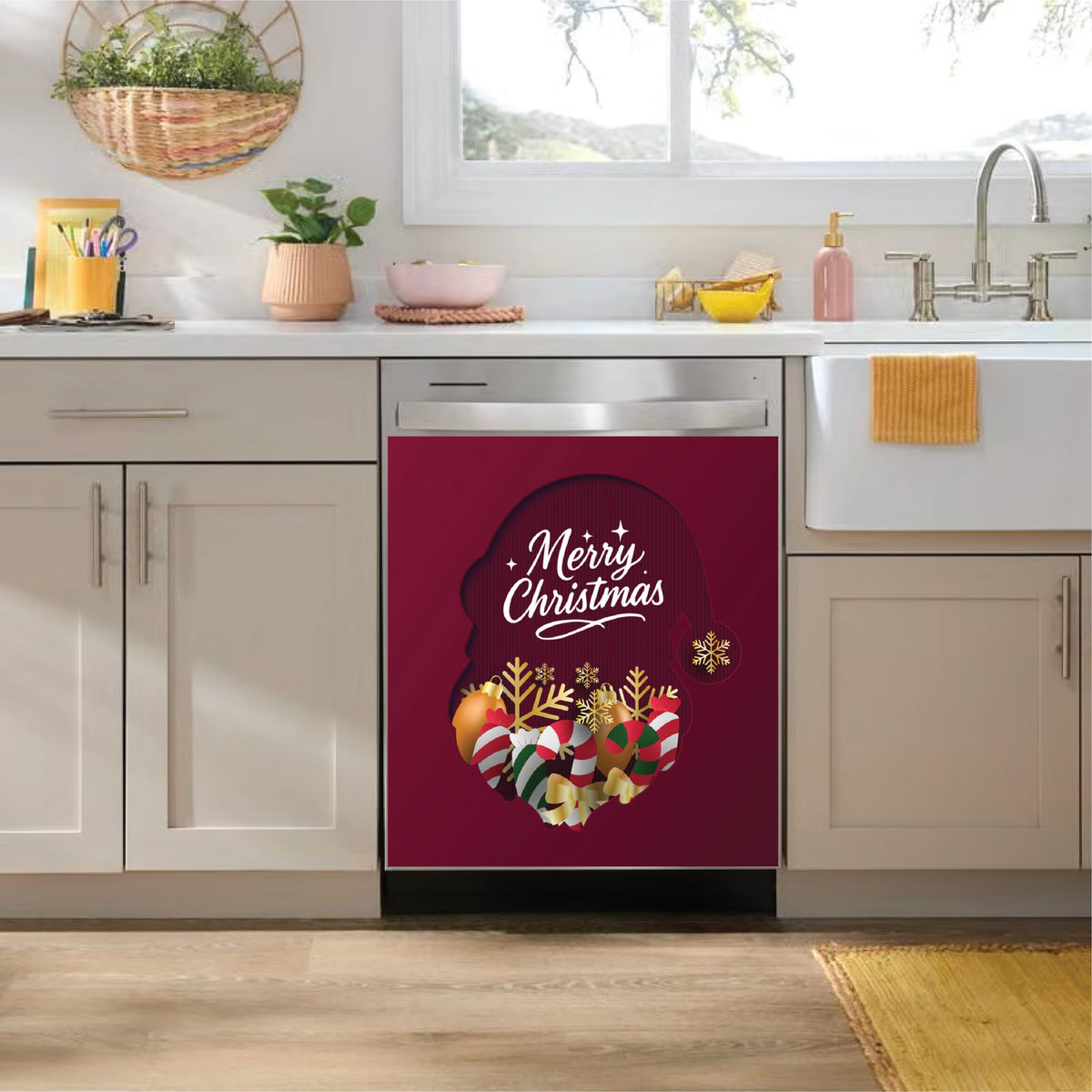 A stainless steel dishwasher installed in a kitchen, featuring a festive holiday  dishwasher magnet with a burgundy background, white 'Merry Christmas' script, and colorful Christmas ornaments and gold snowflakes.
