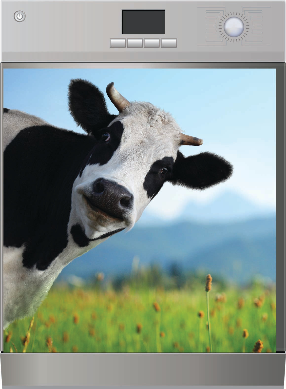 Decorative Dishwasher Magnet with cow peeking out with a scenic background.