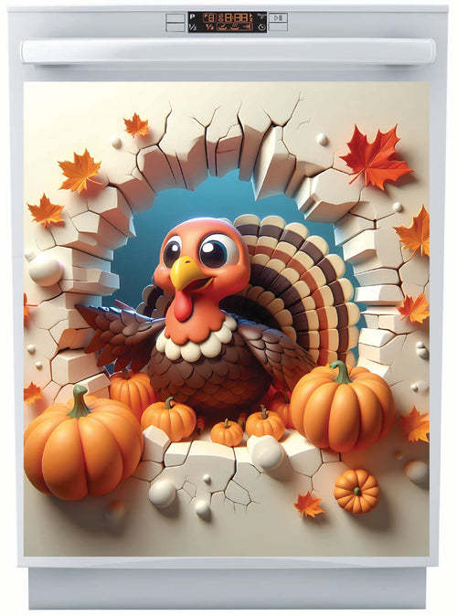 Decorative Dishwasher Magnet with a Thanksgiving-themed decal featuring a turkey and pumpkins.