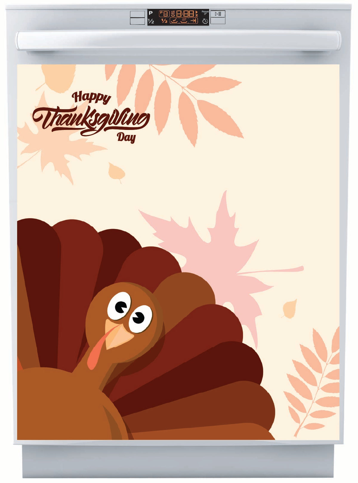 Dishwasher magnet with a cartoon turkey and 'Happy Thanksgiving Day' text on a decorative cover.