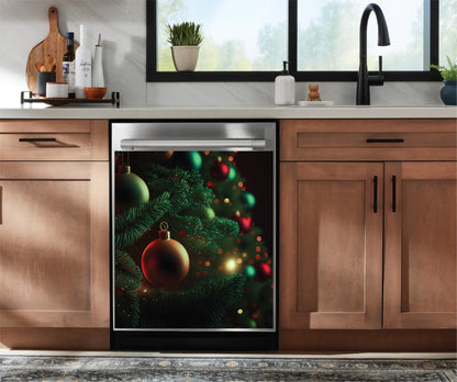 A stainless steel built-in dishwasher with a festive Christmas tree and ornaments dishwasher magnet on the door, installed in a modern kitchen 