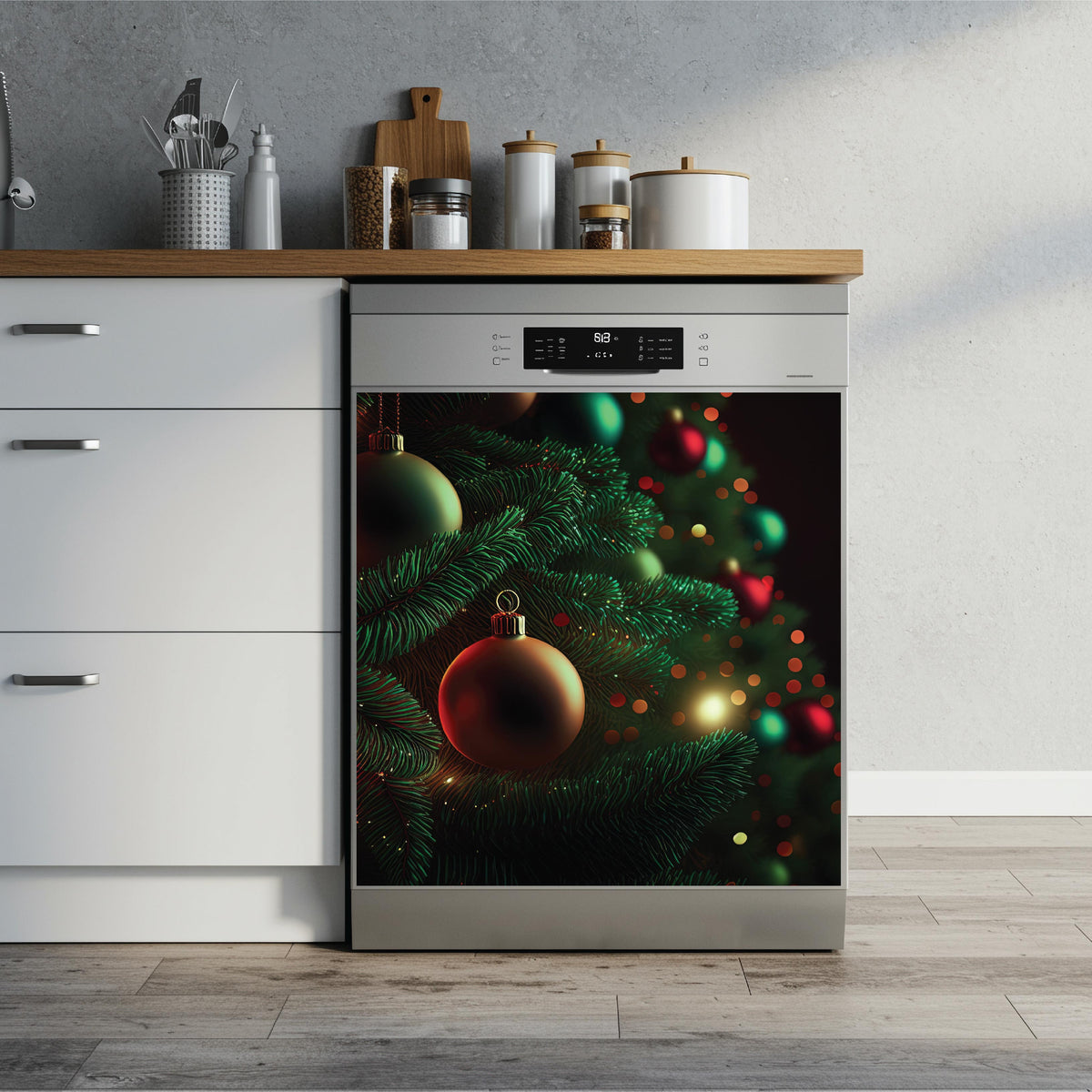 A stainless steel built-in dishwasher with a festive Christmas tree and ornaments dishwasher magnet on the door, installed in a modern kitchen 