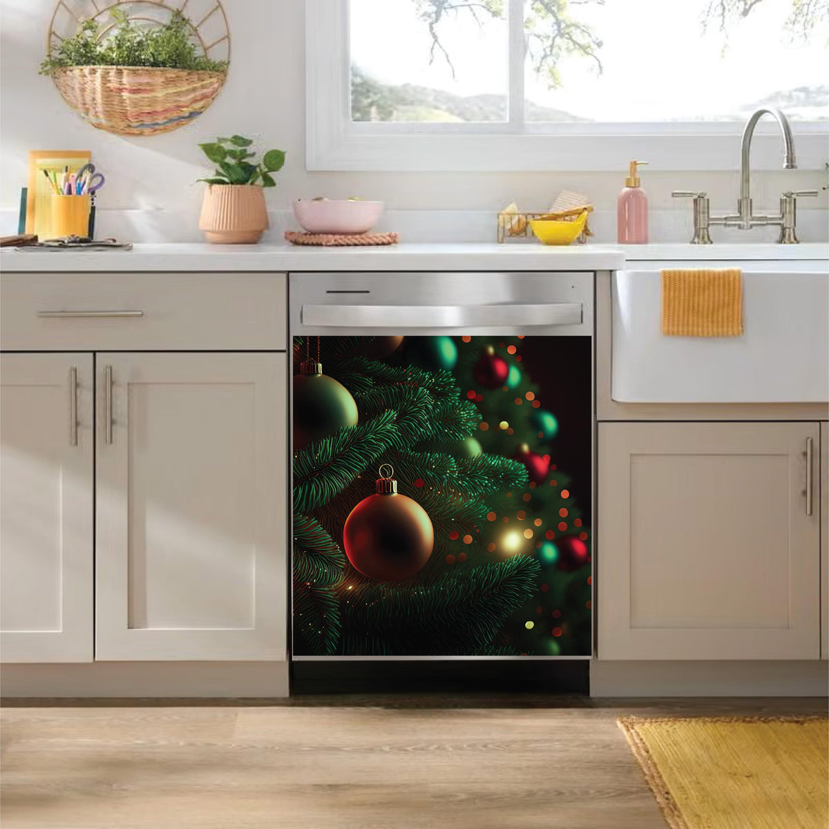 A stainless steel built-in dishwasher with a festive Christmas tree and ornaments dishwasher magnet on the door, installed in a modern kitchen 