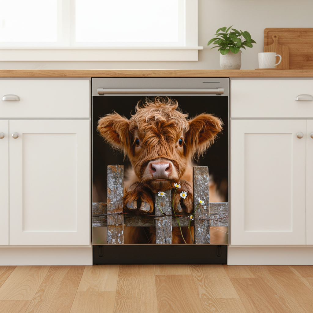 A built-in dishwasher in a modern white kitchen, featuring a decorative dishwasher magnet with a printed image of a fluffy brown cow peeking over a rustic wooden fence.
