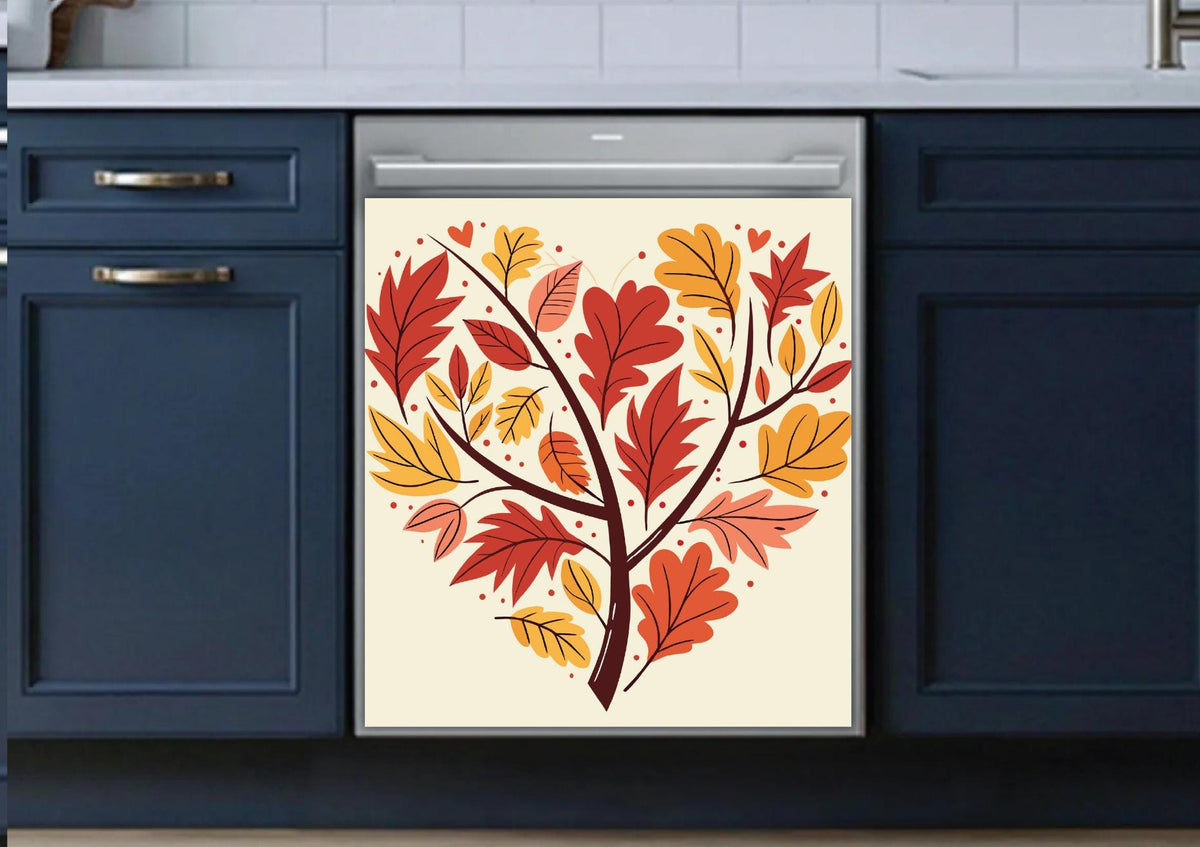 A dishwasher with a decorative dishwasher magnet autumn leaf tree design on the door, installed in a modern kitchen with dark blue cabinets and a white subway tile backsplash.
