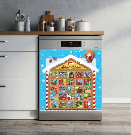 A stainless steel dishwasher in a modern kitchen setting, covered with a colorful Christmas advent calendar dishwasher magnet featuring a blue background, snowflakes, and multiple illustrated boxes with Santa and holiday scenes.