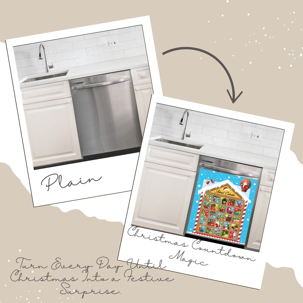 A promotional collage showing a kitchen scene with a stainless steel dishwasher, labeled 'Plain' on the left and 'Christmas Countdown Magic' on the right, with an arrow between the two photos and decorative text at the bottom.
