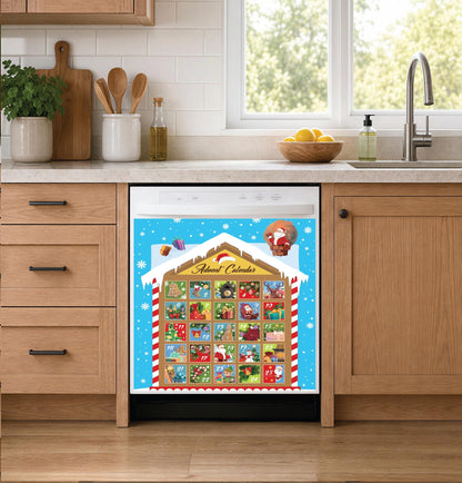 A stainless steel dishwasher in a modern kitchen setting, covered with a colorful Christmas advent calendar dishwasher magnet featuring a blue background, snowflakes, and multiple illustrated boxes with Santa and holiday scenes.